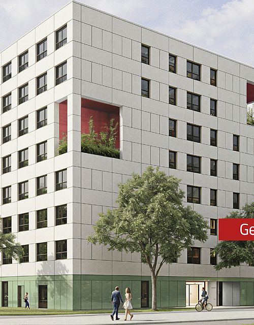 Visualisierung des neu zu erbauenden Wohnheims in Auerberg: ein helles Kubus-Gebäude mit grünen Elementen und angrenzenden Grünflächen sowie Bäumen.