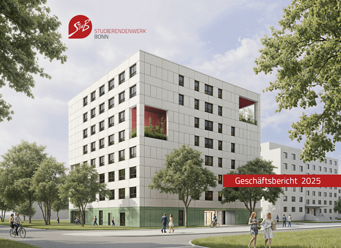 Visualisierung des neu zu erbauenden Wohnheims in Auerberg: ein helles Kubus-Gebäude mit grünen Elementen und angrenzenden Grünflächen sowie Bäumen.