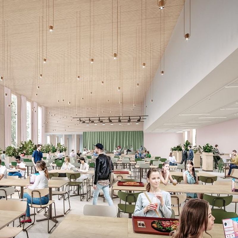 Visualisierung des Neubaus: Speisesaal im 2. Obergeschoss mit vielen Tischen und Studierenden, die daran sitzen.