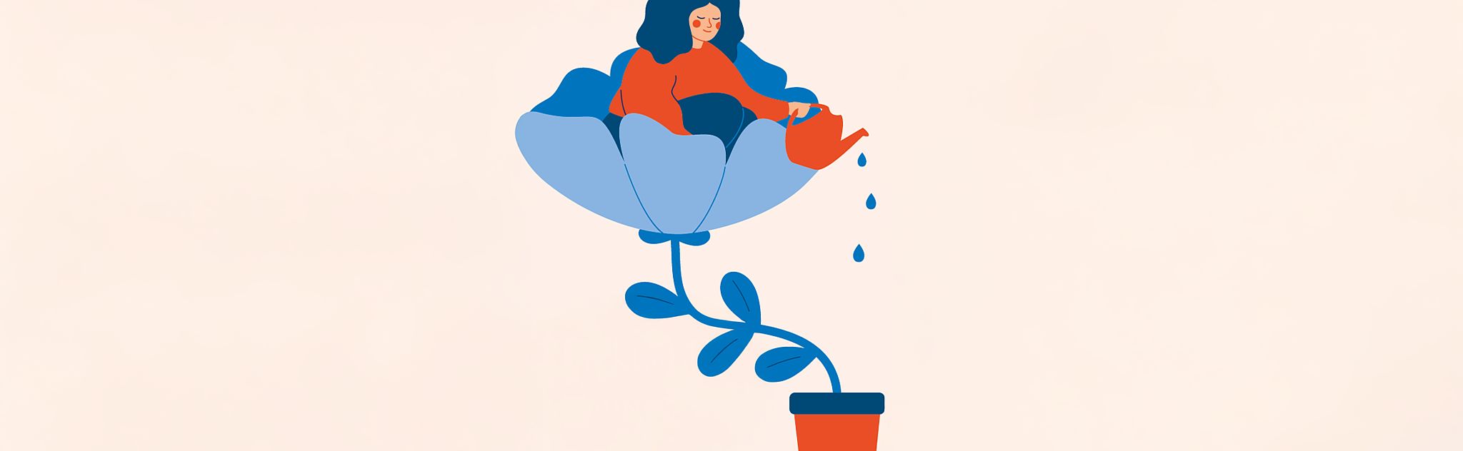 Key visual for a workshop featuring an illustration of a flower with a woman sitting inside it, holding a watering can and watering the flower