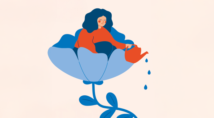 Key visual fuer Workshop mit einer Grafik, die aus einer Blume besteht, in der eine Frau mit Gießkanne sitzt und damit die Blume gießt