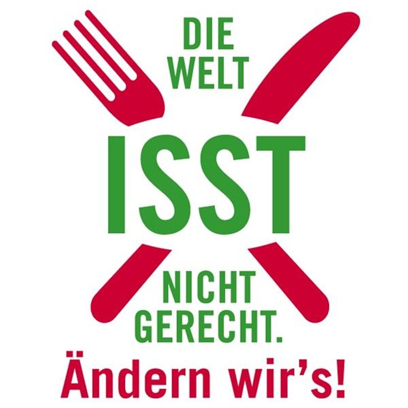 Logo der Welthungerhilfe mit der Aufschrift "Die Welt isst nicht gerecht. Ändern wir's!"