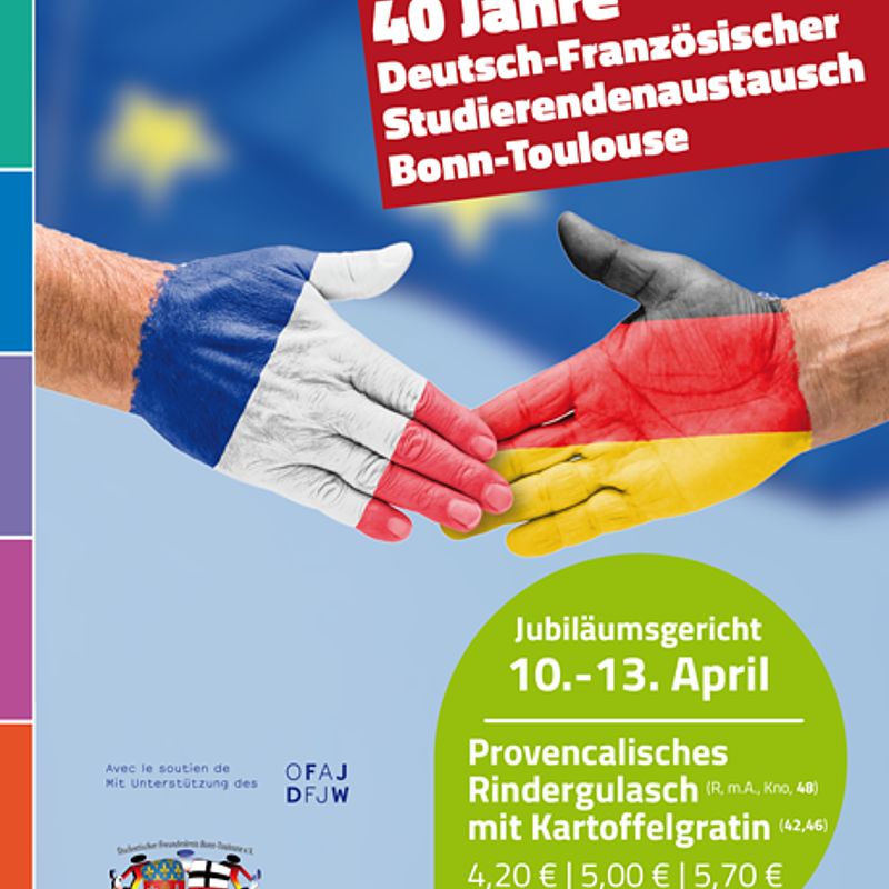 Flyer vierzig Jahre Bonn-Toulouse: zwei Hände im Begriff des Handschlags, je bemalt mit Deutschland- und Frankreich-Flagge