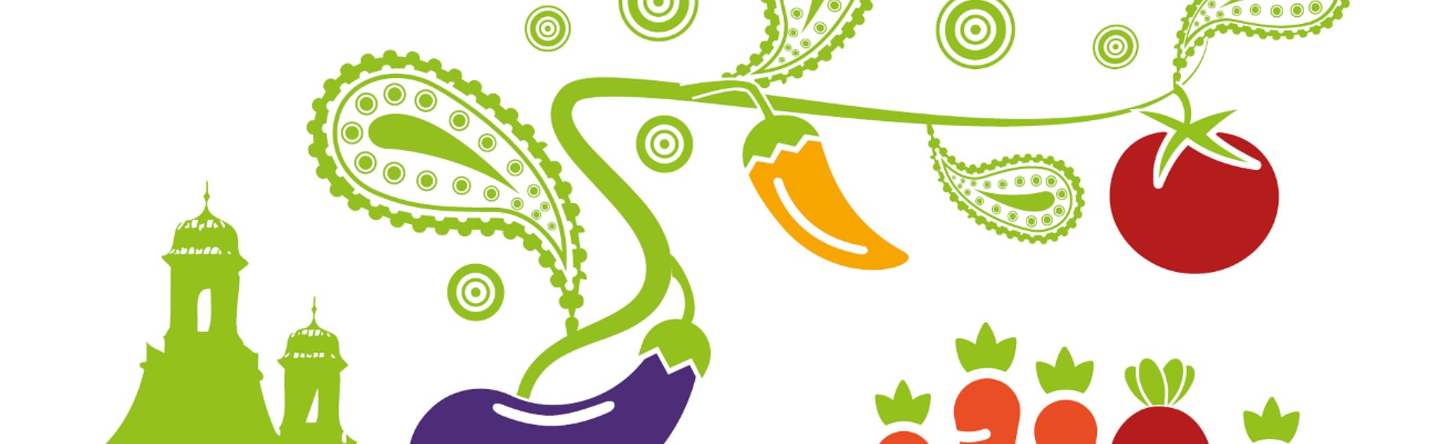 Illustration with the university's green silhouette and vegetables: eggplant, pepper, tomato and various root vegetables