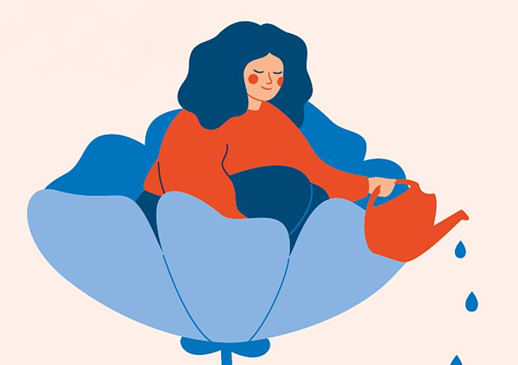 Key visual for a workshop featuring an illustration of a flower with a woman sitting inside it, holding a watering can and watering the flower