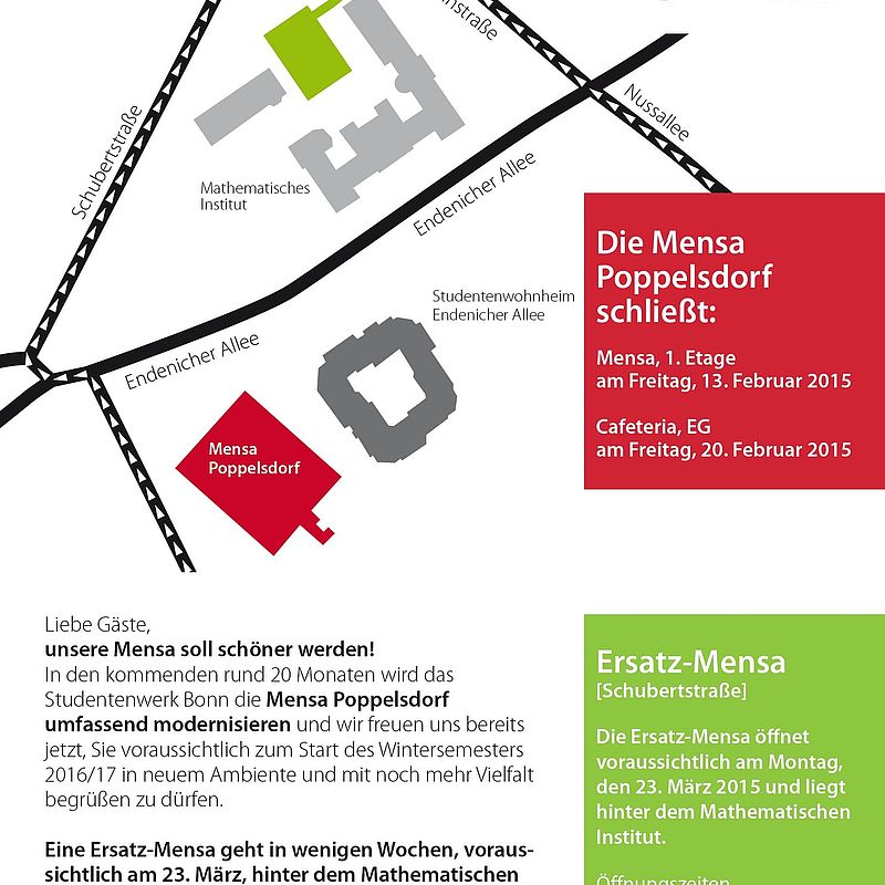 Flyer-Rückseite mit Grundriss der Fläche, auf der die Interimsmensa sich befindet mit Wegbeschreibun