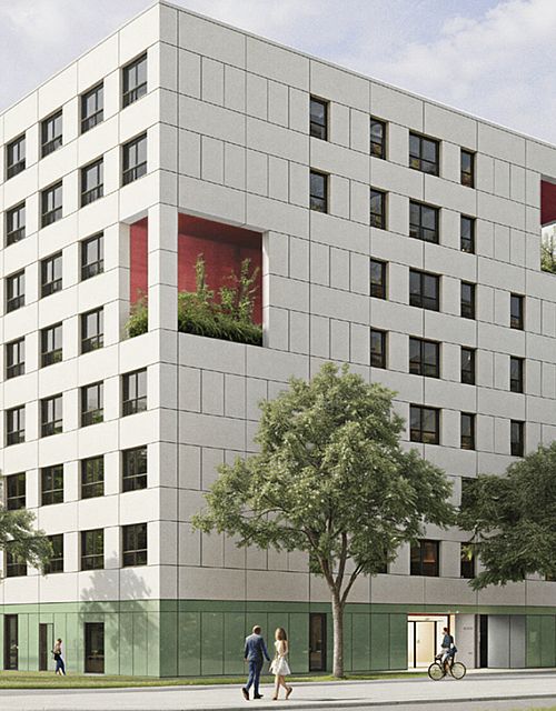Visualisierung des neu zu erbauenden Wohnheims in Auerberg: ein helles Kubus-Gebäude mit grünen Elementen und angrenzenden Grünflächen sowie Bäumen.