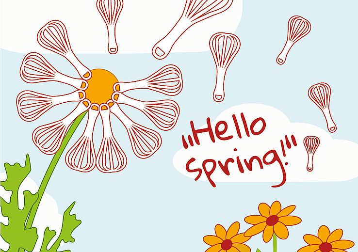Illustration eines Löwenzahns mit der Aufschrift "Hello Spring!"