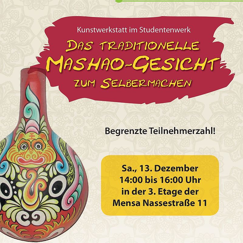 Plakat Mashao Gesicht bemalen mit Abbildung einer bunten Mashao-Maske