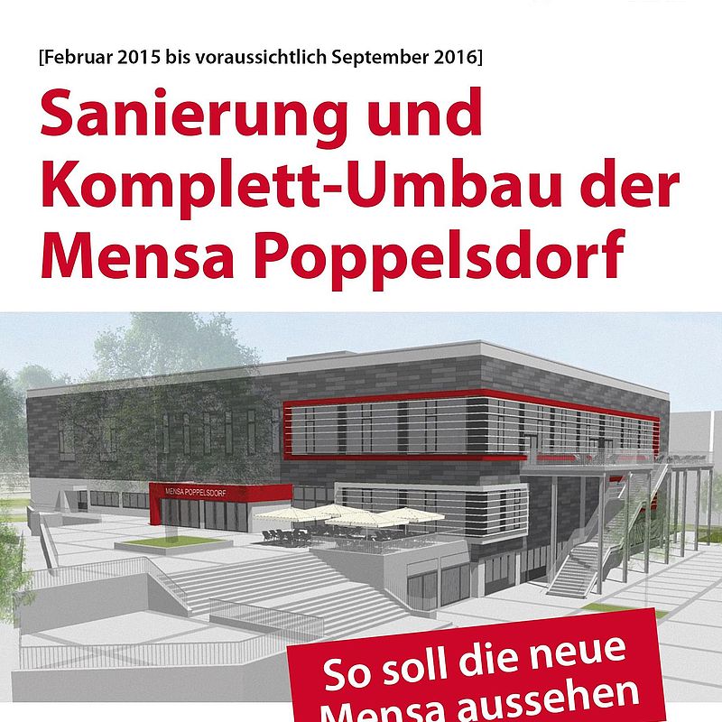 Flyer mit der Info zur Sanierung und Foto der Mensa
